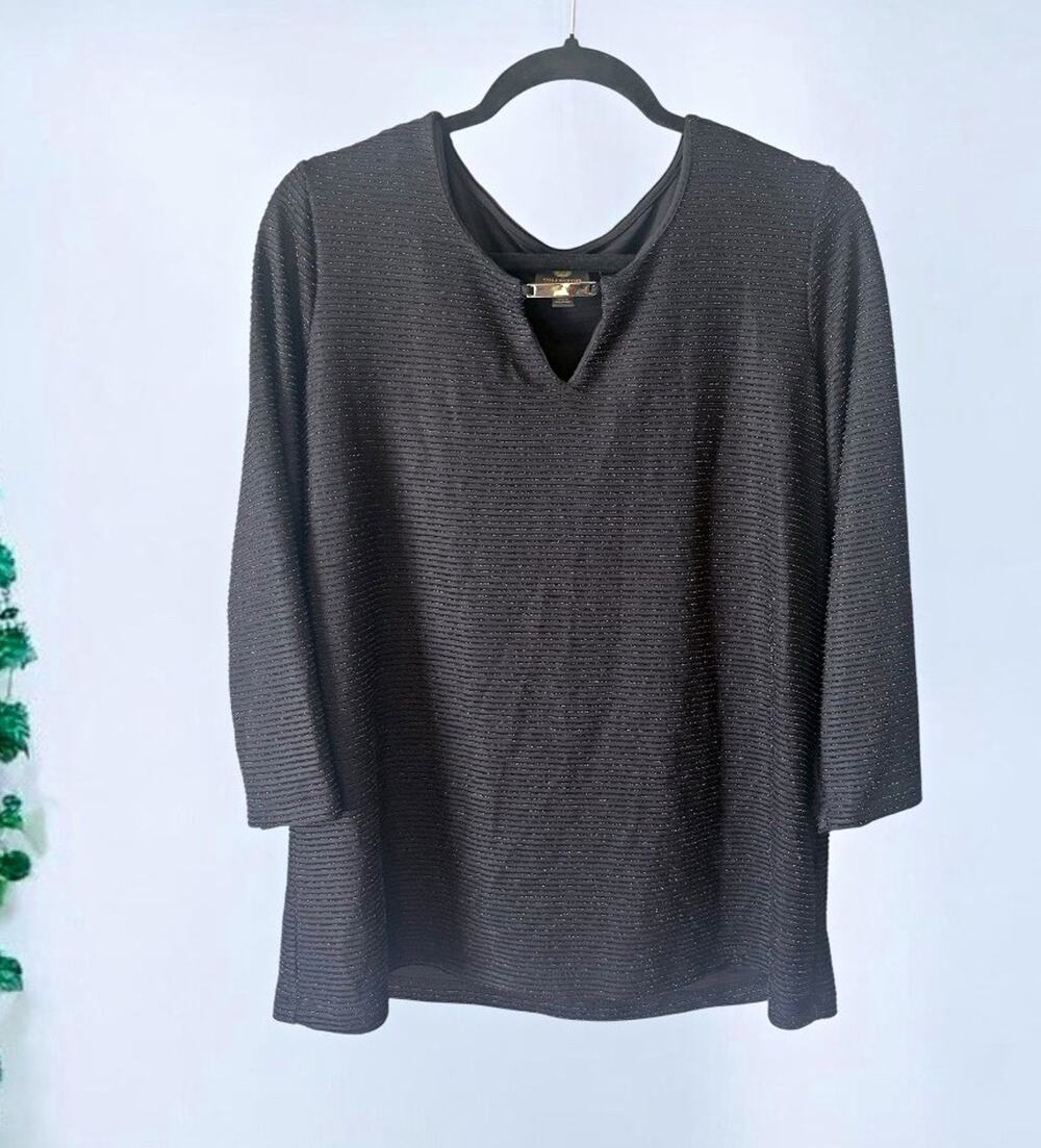 JM Collection Women's Black Knit V-Neck 3/4 Sleeve Pullover Sweater 0X Plus